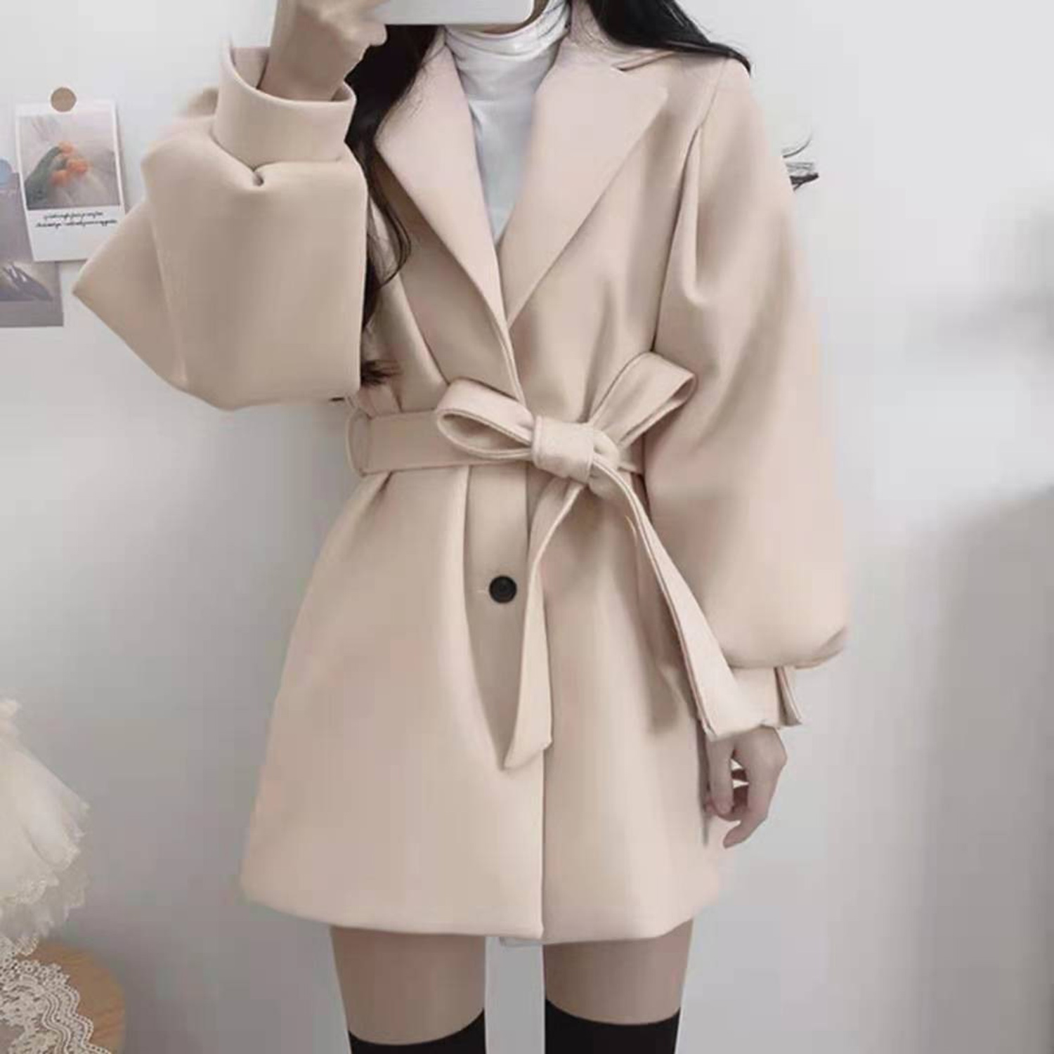 Wool Blend Coat - Allingentle Ivory Women's Blazer Woolen Fashion