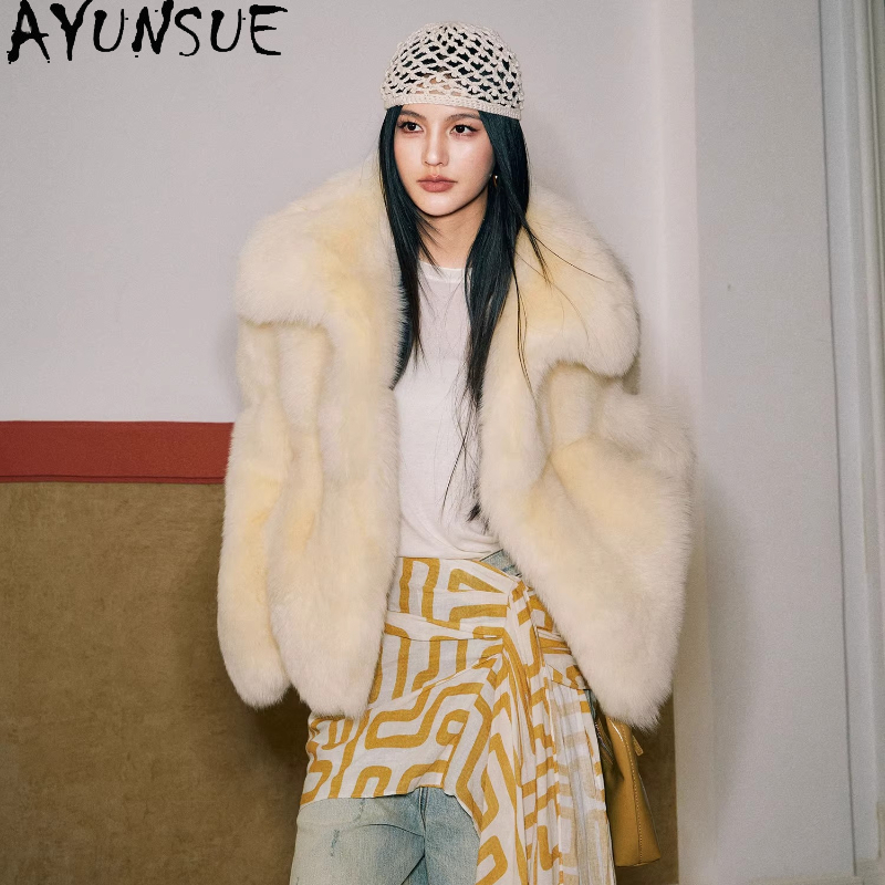 AYUNSUE Real Fox Fur Coats Wom - đánh giá và giá Yellow Winter Clothing