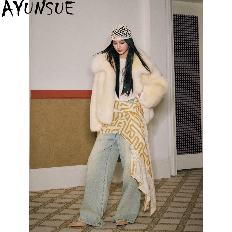 AYUNSUE Real Fox Fur Coats Wom - đánh giá và giá Yellow Winter Clothing